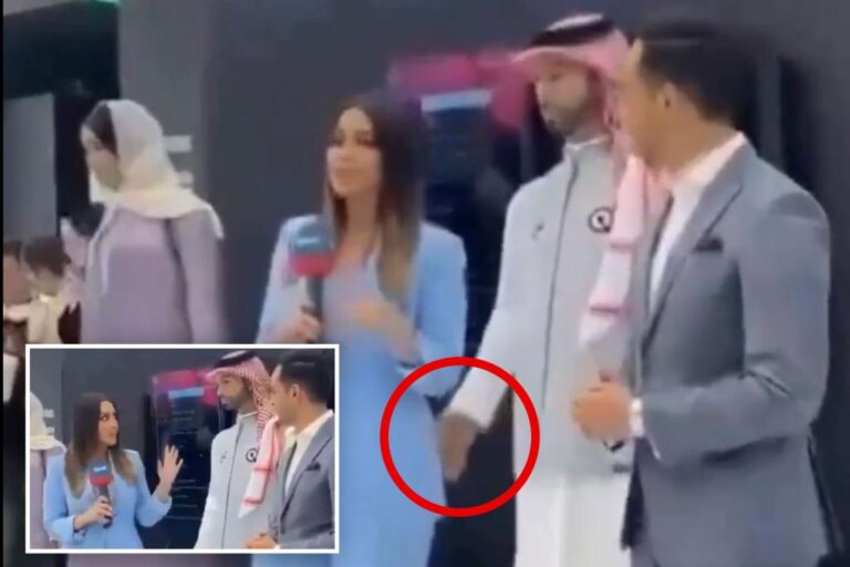 An AI robot appears to be groping a female journalist during a live interview in Saudi Arabia